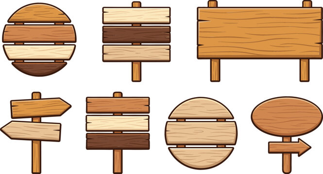 Blank wooden signboards and arrow pointers vector icon set with rustic notice boards signposts and billboards isolated on white background