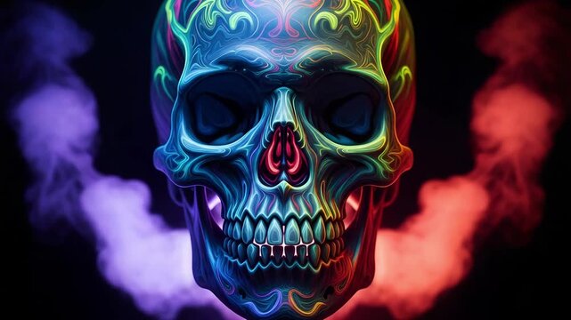 Abstract colorful neon skull with smoke effects, digital art illustration of a vibrant glowing skull on a dark background