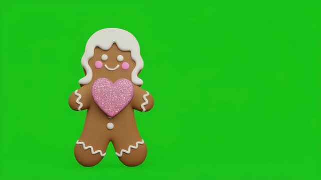 Gingerbread Man Holding Heart with Subtle Movement on Green Screen Background