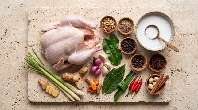 Top view of fresh raw ingredients for authentic Indonesian chicken opor arranged on a light beige travertine stone
