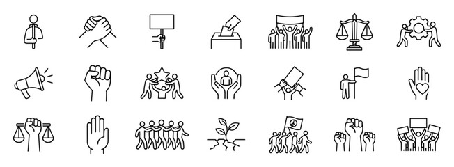 Fototapeta premium Set of outline activism and protest icons symbolizing justice, unity, voting, support, equality, peace, and social change on transparent background