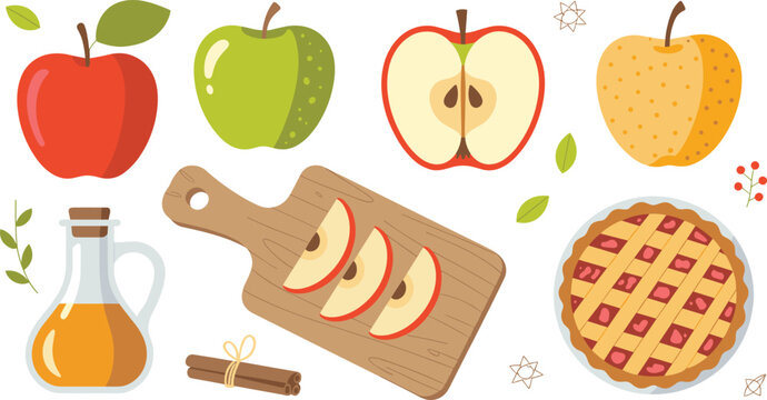 Apple harvest flat vector illustration. A rustic collection features fresh whole apples, a cut half, sliced wedges on a cutting board, sweet pie, cider, and cinnamon.
