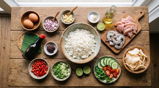Top view of raw ingredients for authentic Indonesian nasi goreng arranged neatly on a natural oak wooden table