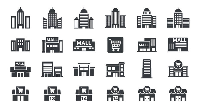 Set of commercial building icons including shopping malls skyscrapers and retail store silhouettes for architectural and urban design concepts