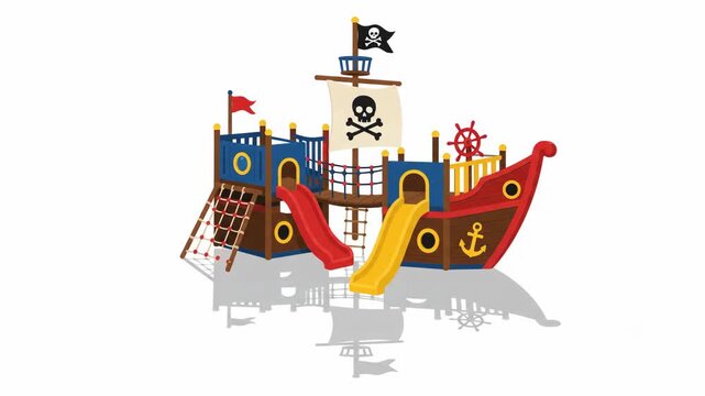Animated Pirate Ship Playground Flat Vector Illustration for Kids on White Background