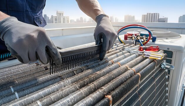 AC Technician Performing Seasonal Maintenance on Rooftop Unit