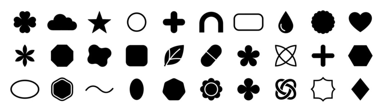 Set of various black geometric and organic shapes icons including stars, hearts, leaves, circles, and polygons on transparent background
