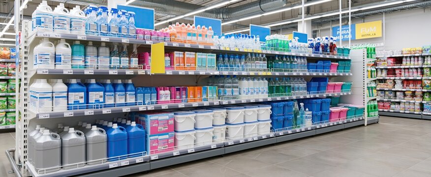 Cleaning tools neatly arranged on shelves in a well-lit store, highlighting seasonal spring cleaning promotions.