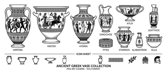 Collection of Ancient Greek Ceramic Vessels with Decorations © hakim