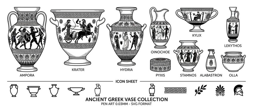 Collection of Ancient Greek Ceramic Vessels with Decorations
