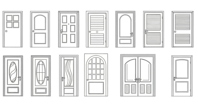 Line art collection of various modern and classic front door designs for architectural blueprints