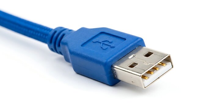 Blue usb cable connector for data and power transfer isolated on white background