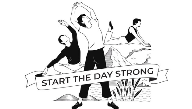 Very beautiful black and white realistic vector illustration of MORNING STRETCHING ROUTINE featuring a bold wellness label reading "START THE DAY STRONG", graceful stretching movements with detailed 