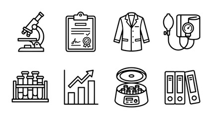 Fototapeta premium Medical Science Icons Set: Lab Equipment, Research, Healthcare, Clinical Tools, Vector Graphics