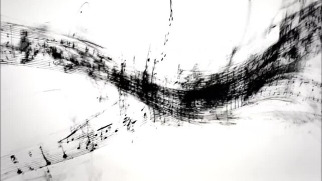 A visualization of sheet music and black musical notes flowing and swirling dynamically&mdash;like waves&mdash;against a pristine white background.