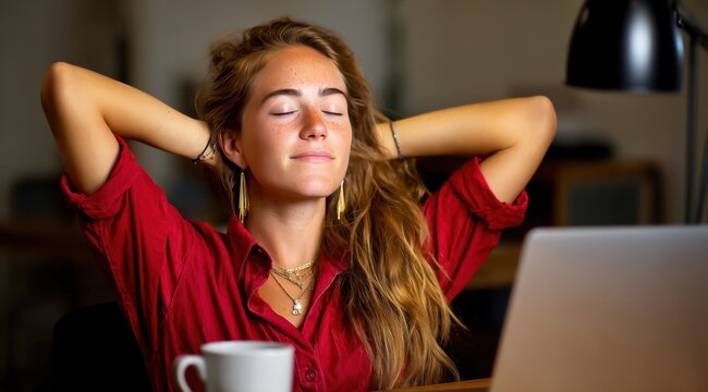 Femme blonde s'&eacute;tirant, les yeux ferm&eacute;s et l'expression d&eacute;tendue, les mains derri&egrave;re la t&ecirc;te, portant une chemise rouge, travaillant &agrave; son domicile sur son ordinateur portable, vue de l&eacute;ger profil.