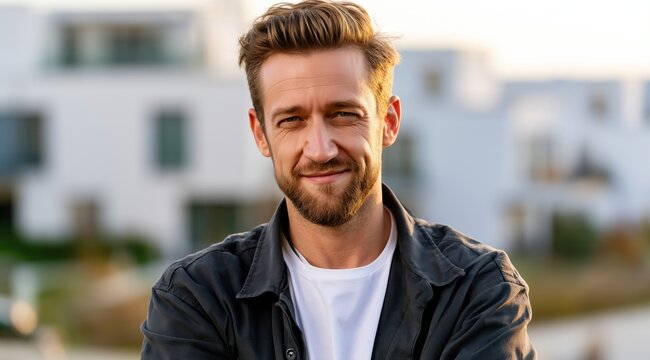 Portrait d'un homme aux cheveux courts avec une barbe, v&ecirc;tu d'une chemise gris fonc&eacute; et d'un t-shirt blanc, debout, arri&egrave;re-plan repr&eacute;sentant un quartier r&eacute;sidentiel flou avec des immeubles.