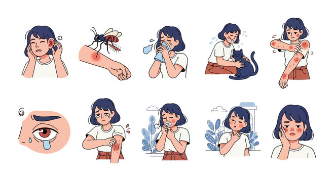 Collection of Illustrations Depicting Various Common Allergic Reactions and Physical Symptoms Experienced by a Young Woman in Daily Life