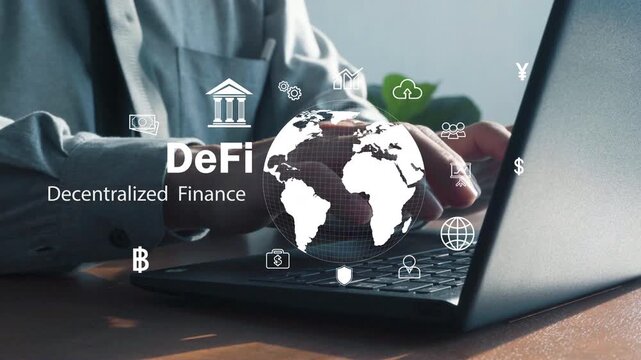 Businesswoman using a laptop with DeFi, global finance, banking, cryptocurrency, and digital network icons, illustrating decentralized financial technology and online investment.