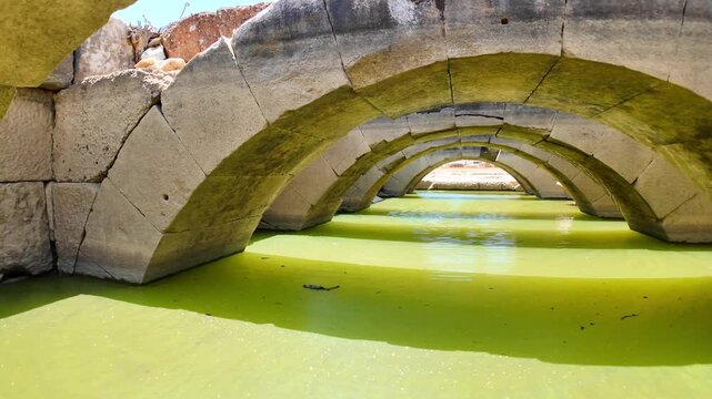 Ancient stone arches and vaulted corridors are partially submerged in green standing water at Claros archaeological site in Turkey.