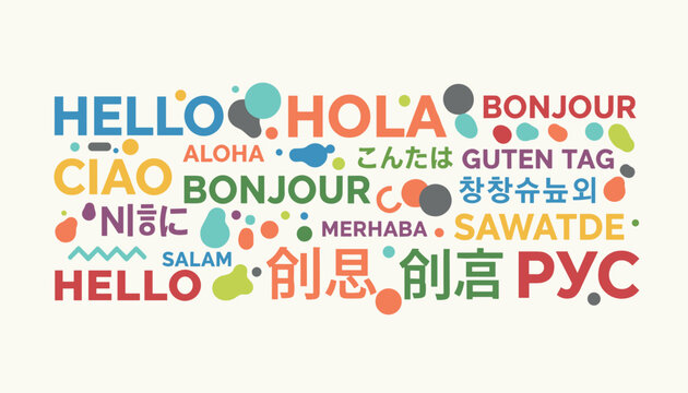 Word cloud of hello greetings in various languages including Hola, Bonjour, Ciao, and Arabic on a light beige background.