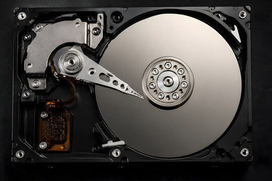 Hard Disk Drive Opened to Reveal Reflective Platters and Actuator Arm for Mechanical Engineering Display