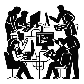 Teenagers in computer coding club. Silhouette vector illustration of young programmers collaborating on software development. STEM education concept isolated on transparent background