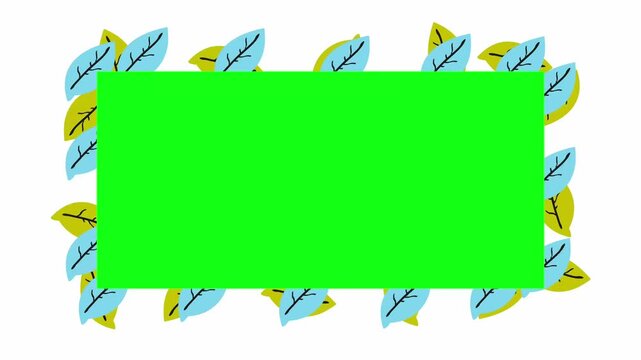 Cartoon leaves frame a green screen rectangle. Fancy leaves in blue and yellow surround the frame. Perfect for nature-themed video projects. Simple design invites easy editing and customization