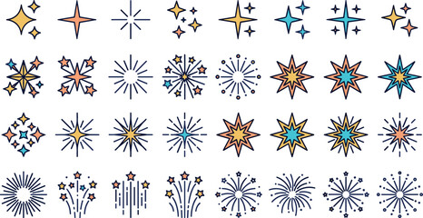 Vibrant fireworks and magic sparkle vector icon set featuring colorful burst stars festival pyrotechnics firecrackers and festive celebration shapes isolated on white © MdShakib