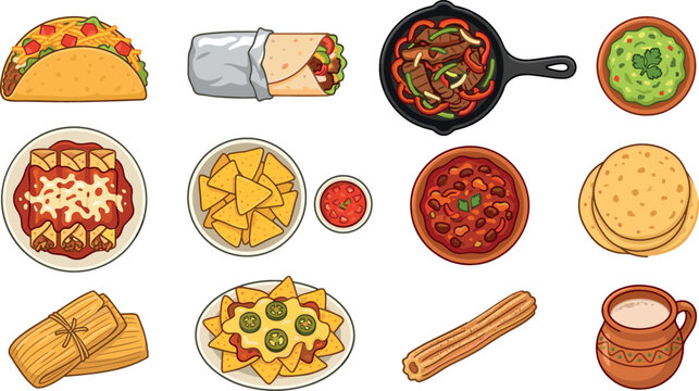Delicious traditional Mexican food vector icon set featuring tacos burritos fajitas enchiladas nachos guacamole salsa tamales churros and horchata isolated on white