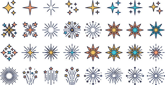 Vibrant fireworks and magic sparkle vector icon set featuring colorful burst stars festival pyrotechnics firecrackers and festive celebration shapes isolated on white