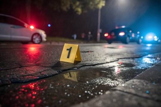 Crime Scene Evidence Marker, Night Police Investigation, Wet Asphalt Crime Scene, Yellow Forensic Marker, Rainy Crime Scene