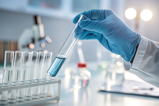Laboratory Test Tube, Scientist Gloved Hand, Medical Research Lab, Blue Liquid Experiment, Clinical Science Scene