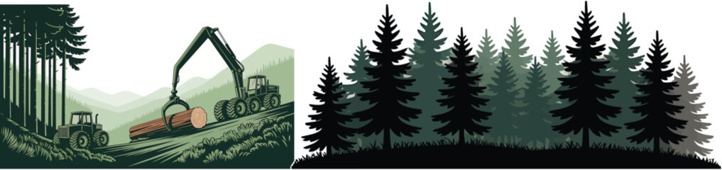 Obraz premium Logging machinery working in a pine forest with forestry equipment loading large timber logs and heavy duty