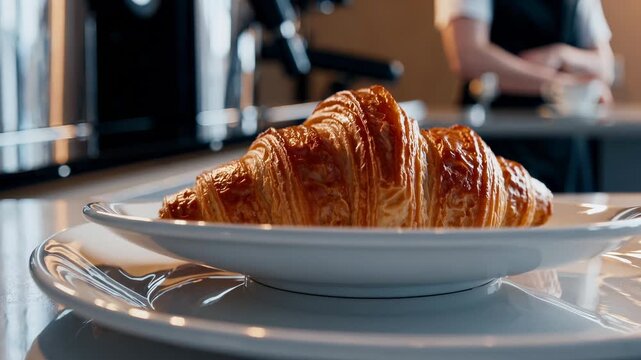 Freshly baked croissant on elegant plate in modern cafe. Barista prepares coffee in background. Delicious pastry offers inviting aroma and warm atmosphere.