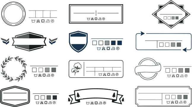 Garment care label template vector set featuring laundry instruction icons clothing tags fabric wash symbols cotton emblem and blank size boxes on white background