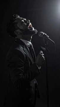 Intense black and white live performance with singer on stage.