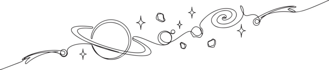 One continuous line drawing of Planets, stars, asteroids, and comets in outer space. Galaxy concept, one line art icon drawing © MDROBIUL