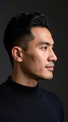 Obraz premium Handsome asian man in profile portrait against a dark background, studio shot