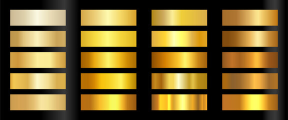 Gold gradient metallic palette set vector. Shiny golden chrome foil texture library for premium graphic fills. © Kolerowa