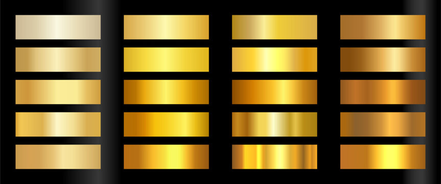 Gold gradient metallic palette set vector. Shiny golden chrome foil texture library for premium graphic fills.