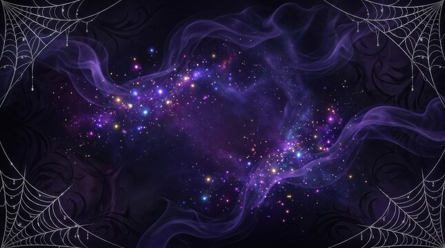 Halloween background with cosmic purple and blue nebula, universe