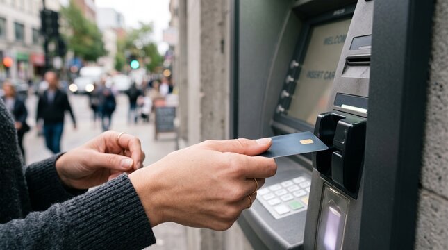 Person inserting credit card into ATM. Using bank machine for cash withdrawal on street.