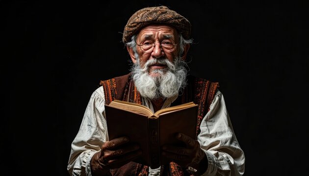 Old Wise Reader in Vintage Robes Illuminates Night Study.