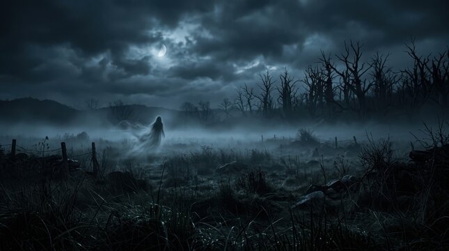 Halloween background with dark foggy field and eerie trees