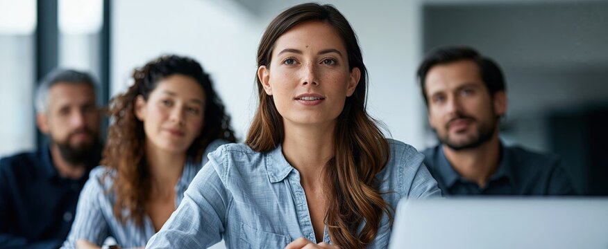 Around a sleek conference table, a diverse group engages in strategic brainstorming within a bright, energetic office.