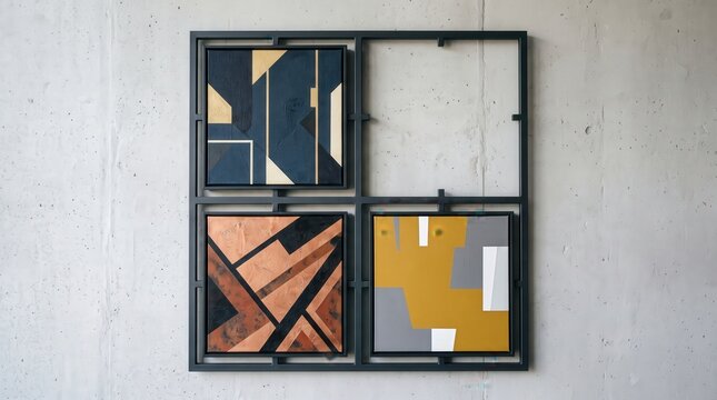 A square metal frame containing three abstract geometric art pieces and one empty section, mounted on a concrete wall.