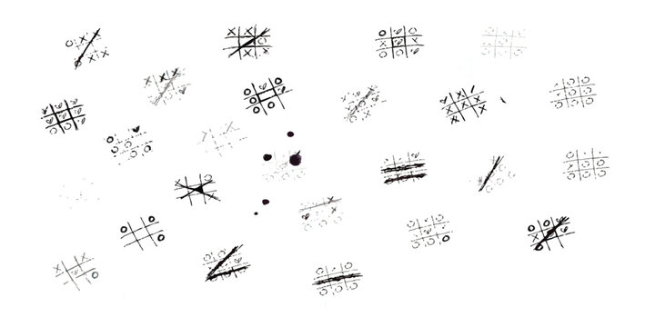 Set of hand drawn tic tac toe games with crosses and circles sketched in black ink on a paper texture