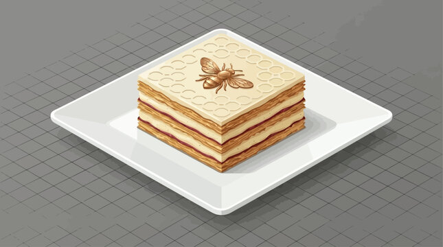 Gourmet layered dessert vector art with a detailed moth or bee design on its top, presented on a minimalist white plate for culinary projects