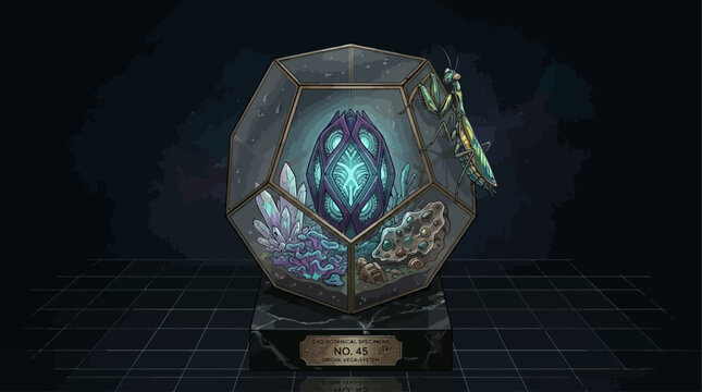 Mysterious Vector Terrarium Illustration with a Luminous Alien Egg, Amethyst Crystals, and a Praying Mantis Displayed in a Dark Sci-Fi Setting